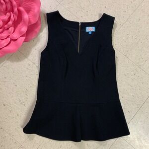 PLENTY By Tracey Reese Anthropologie Size 6 Black Stretch V-Neck‎ Peplum Top